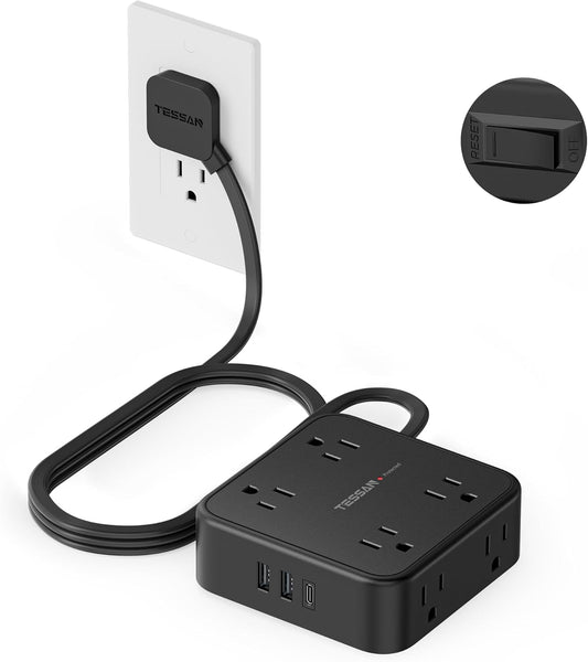 Surge Protector Power Strip, 5 Ft Flat Plug Extension Cord with 3 USB (1 USB C) 8 Outlets, 1250W, 900J Protection, 3
