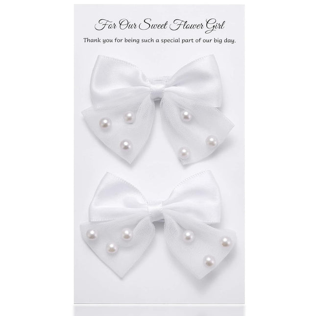 Flower Girl Pearl Lace Bow Toddler Hair Clips, 2 Pack