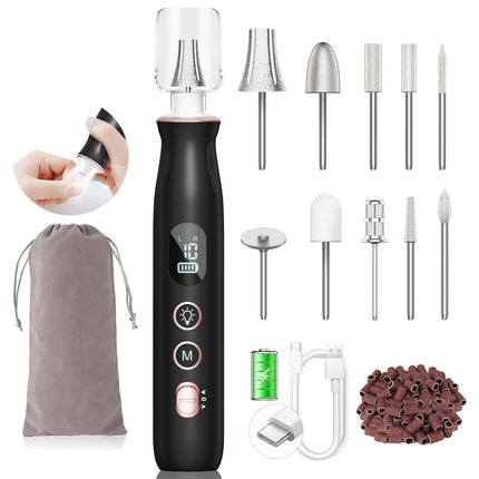 Electric Nail File Drill, Cordless Toe Nail Grinder for Thick Toenails & Callus, 10-Speed 2000mAh Rechargeable Nail Filer, Manicure Pedicure Kit with LED Lamp, Gifts for Men Women
