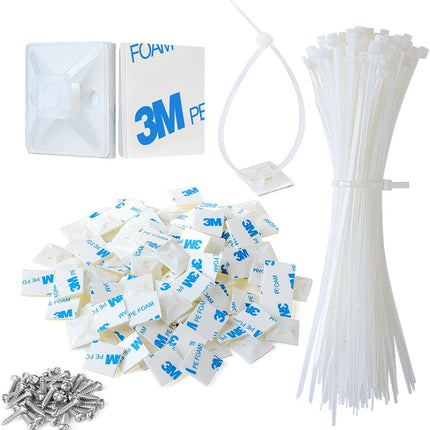 3/4" Strong Back-Glue Self Adhesive White Cable Zip Tie Mounts 100pcs with 8" Ties, Screws, Outdoor Sticky Wire Fasteners Cable Clips Management Anchors Organizer Holders Squares