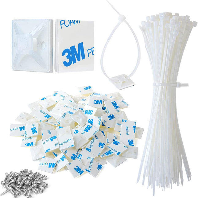 3/4-Inch Self-Adhesive Cable Zip Tie Mounts with Cable Ties, 100 PCS