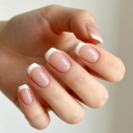 French Tip Press on Nails Short Square, Pink White Fake Nails