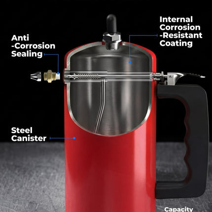 toolant 32oz Refillable Pressurized Sprayer, Steel Canister, Rust-Resistant Lining, Needle Valve Leak-Resistant, Dual Nozzles 1.0/0.6mm, Funnel Included, 200 PSI Max, for Brake Cleaner & Solvents, Red