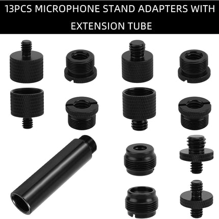 13pcs Microphone Stand Adapter Screws with Extension Extender Tube, Aluminum Alloy 5/8" to 3/8" & 1/4" Mic Thread Converters Camera Tripod Compatible with Blue/FIFINE/MAONO/HyperX/Audio-Technica