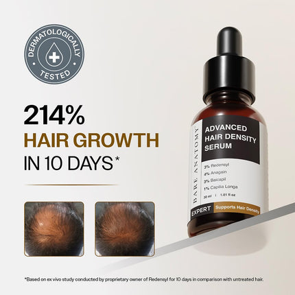 Bare Anatomy Advanced Hair Density Serum boosts density with Redensyl, Anagain, Baicapil & Capilia Longa. Rosemary & rice water reduce hair fall for men & women.