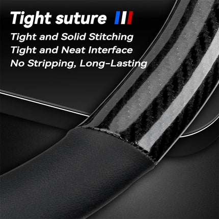 Customized Steering Wheel Cover Compatible with BMW, Premium Nappa Leather&Bright Carbon Fiber Texture Steering Wheel Cover, with Coasters and 3-in-1 USB Fast Charging Cable (Black)