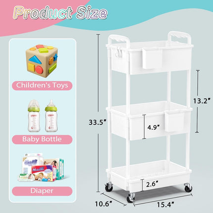 Baby Diaper Caddy Cart, 3 Tier Rolling Diaper Cart with Lockable Wheels for Nursery Essentials, Large Capacity & Easy Assemble Diaper Storage Organizer for Newborn,New Mom, White