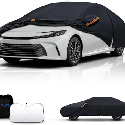 Waterproof Car Cover All-Weather, Heavy-Duty Outdoor Full Exterior Automobiles Snow Cover for Sedan 186-193 inch with Sun Visor,Zippered & Storage Bag - Black