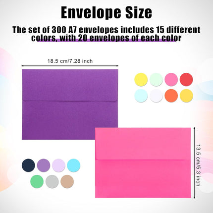 SATINIOR 300 Pieces A7 15 Colors Invitation Envelopes for 5 x 7 Inch Cards Peel and Press Rainbow Seal Mailing for Letters Photos Cards Wedding Baby Shower, 5.25 x 7.25 inch