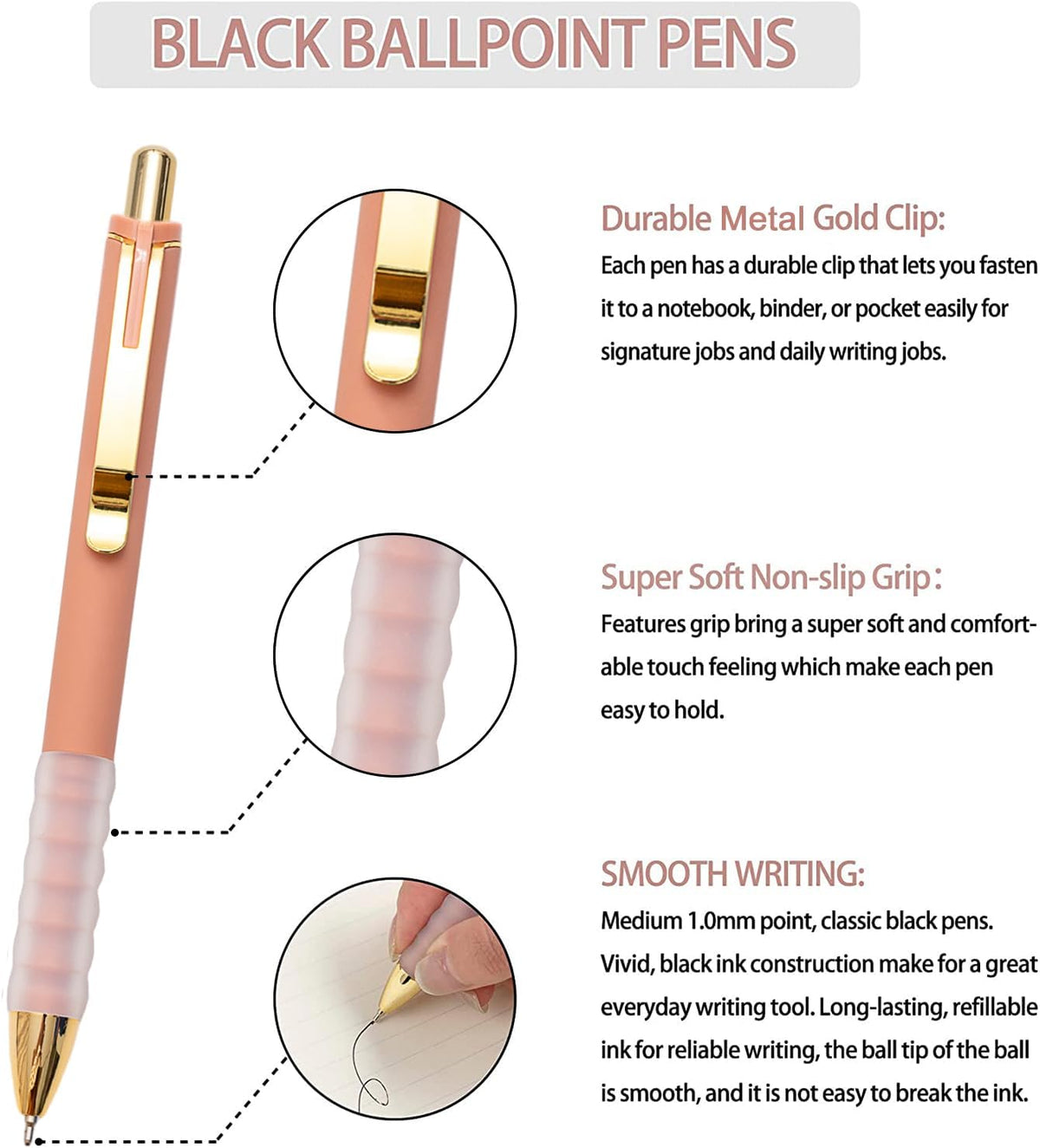 Black Medium Point 1mm Retractable Ballpoint Pens with Super Soft Grip, Gold, 12 pcs - photo 2