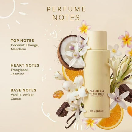 Vanilla On The Beach Hair & Body Mist, Friction Fragrance Tech, Long Lasting Hydrating Body Spray with Coconut Vanilla Amber Scent, Non-Sticky Perfume Mist for Hair & Body, All Skin Types (1)