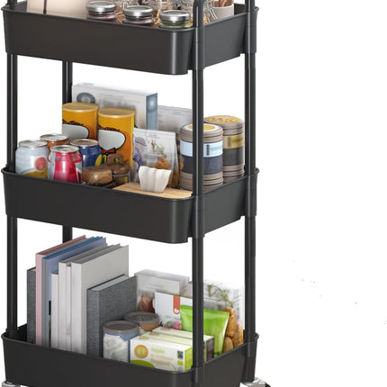 Sywhitta 3-Tier Plastic Rolling Utility Cart with Handle, Multi-Functional Storage Trolley for Office, Living Room, Kitchen, Movable Storage Organizer with Wheels, Black