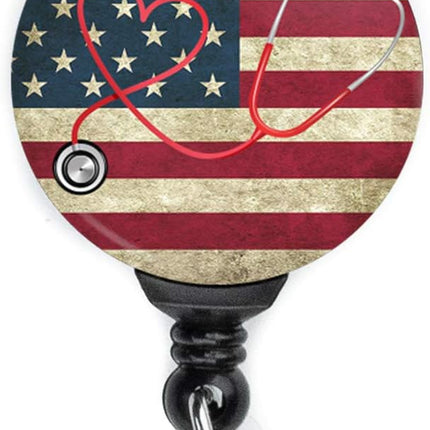 American Flag Badge Reel with Stethoscope - Swing Clip and Extra Long 34 Inch Cord by Limeloot