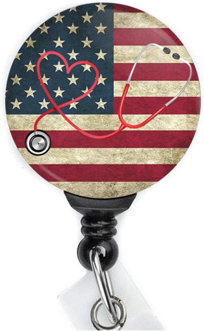 American Flag Badge Reel with Stethoscope - Swing Clip and Extra Long 34 Inch Cord