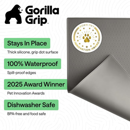 GORILLA GRIP 100% Waterproof Raised Edge BPA Free Silicone Pet Feeding Mat, Dog Cat Food Mats Contain Spills Protects Floors, Placemats for Cats and Dogs Water Bowl, Pets Accessories 18.5x11.5 Gray