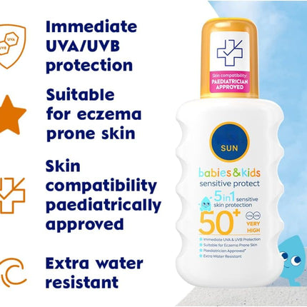 Sun Babies & Kids Protect & sensitive Sun Spray Spf50+ very High 200ml | Immediate UVA/UVB protection | Sunscreen Spray Against Sun Exposure