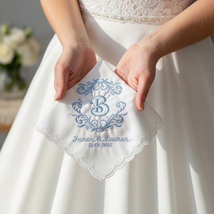 Personalized Wedding Handkerchief, Embroidered Bridal Hankie, Monogrammed Cotton Scalloped Edge White Handkerchief, Gift for Bride