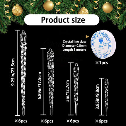 24pcs Christmas Tree Crystal Decorations 4 Styles Clear Acrylic Xmas Tree Icicle Hanging Ornaments for Christmas New Year Holiday Wedding Winter Party Decor