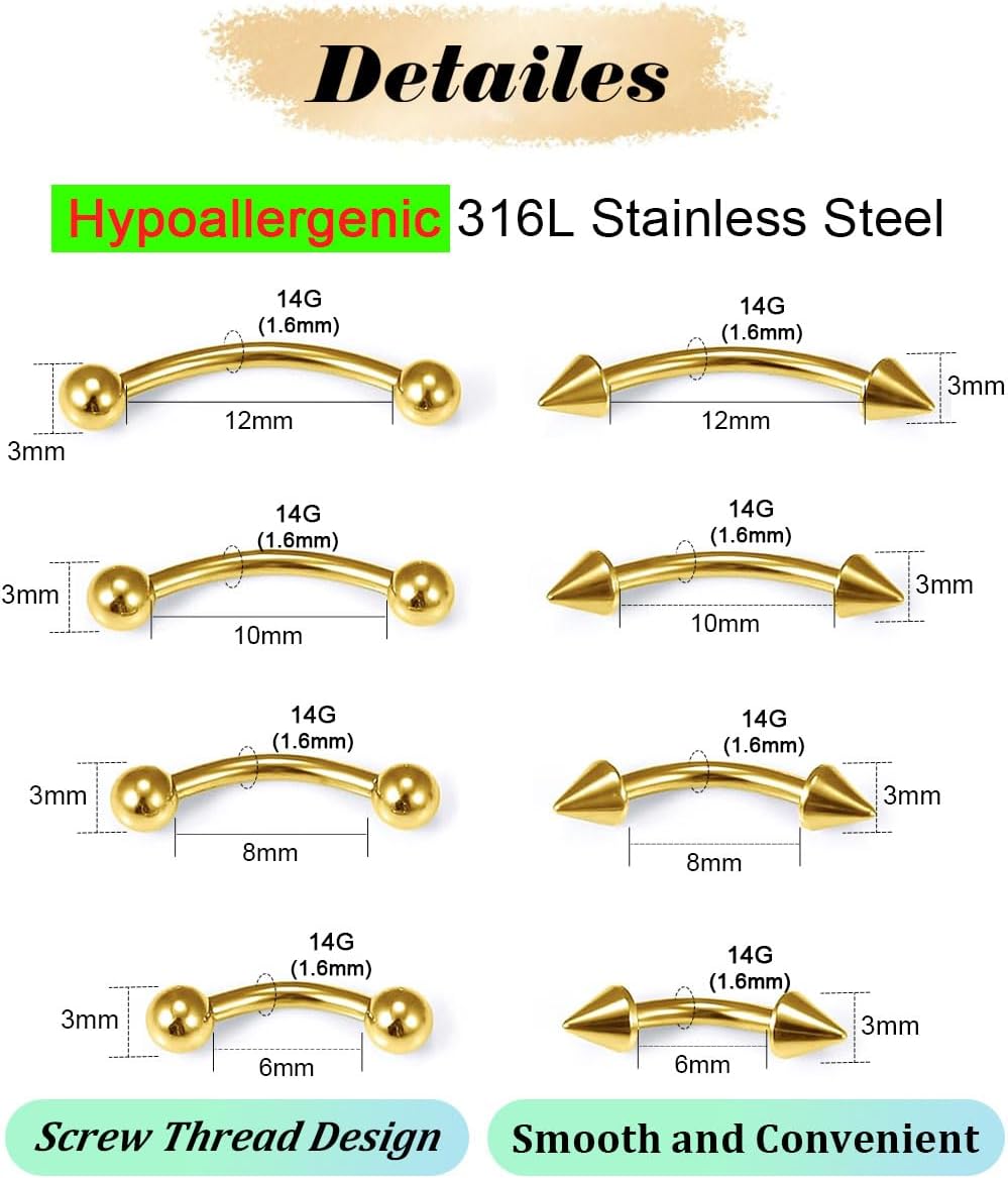 Eyebrow Piercing Jewelry Surgical Steel Curved Barbell Tiny Eyebrow Ring Vertical Labret Lip Jewelry Ear Rook Navel Small Belly Button Ring for Women Men 6mm/8mm/10mm/12mm