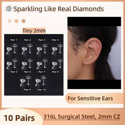 10 Pairs Small Stud Earrings for Women Precision-Cut Cubic Zirconia Earrings for Sensitive Ears Hypoallergenic Surgical Stainless Steel Tiny Stack Earrings for Multiple Piercing