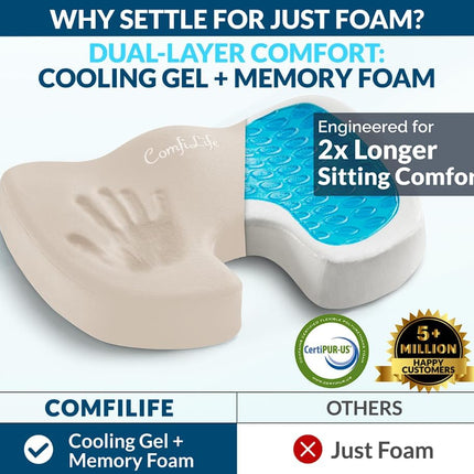 ComfiLife Premium Gel & Memory Foam Seat Cushion – Doctor Recommended Office Chair Cushion, Car Seat Cushion – Chair Cushions for Back & Sciatica Pain Relief – Seat Cushions for Office & Desk (Beige)
