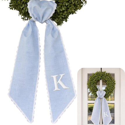 Monogram Wreath Sash Bow for Front Door, Wreath Ribbon with Adjustable Bow Knot Farmhouse Door Wreath Decor Monogram Embroidered Sash for Holiday,Wedding,Memorial (12 - Initial)