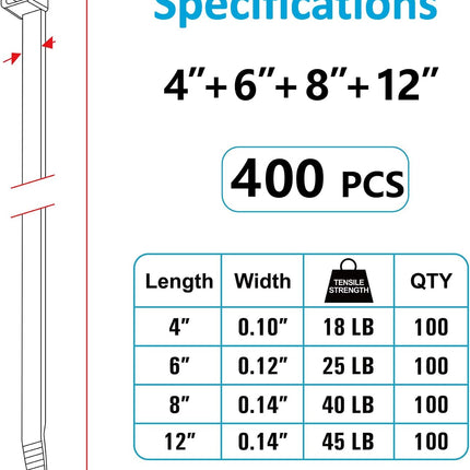 Zip Ties Assorted Sizes(4”+6”+8”+12”), 400 Pack, Black Cable Ties, UV Resistant Wire Ties by ANOSON