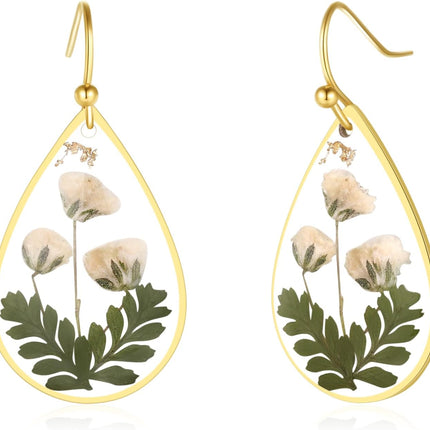 AUNTESIGN Forget-Me-Not and Queen Anne's Lace Pressed Wildflower Earrings | Pressed Flower Earrings | Handmade Drop and Dangle Earrings | Easter Gift for Woman