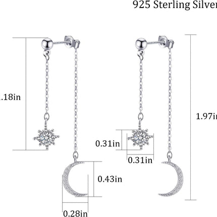 Moon and Star Dangle Earrings for Women Chain Tassel with Cubic Zirconia Drop Celestial Jewelry for Wedding Gift
