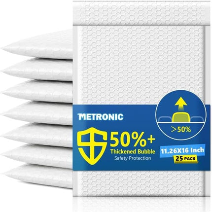 Metronic Bubble Mailers 11.26x16" 25 Pack Padded Envelopes with 1/7" Thickened Bubble Waterproof Mailing Envelopes Usable Size 11.26x15" Large Shipping Bag for Valuables,10.5x15" Item, Business, White