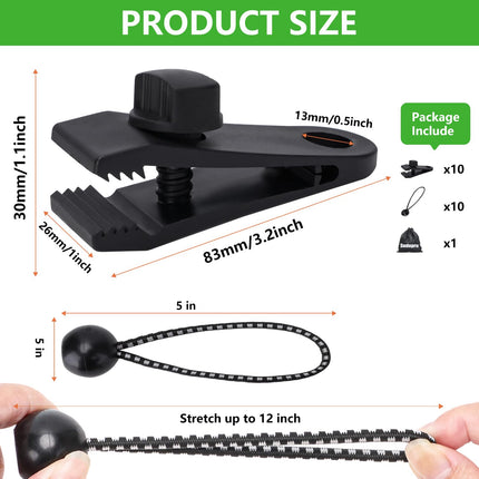Clips para lona con agarre de bloqueo resistente, juego de 20 piezas con cuerdas elásticas