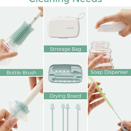 Momcozy Bottle Brush Set - Baby Bottle Cleaner Kit with Silicone Brush, Nipple Brush, Straw Brush, Soap Dispenser, Drying Rack - 7 in 1 Bottle Cleaning Tool for Home and Travel, Green