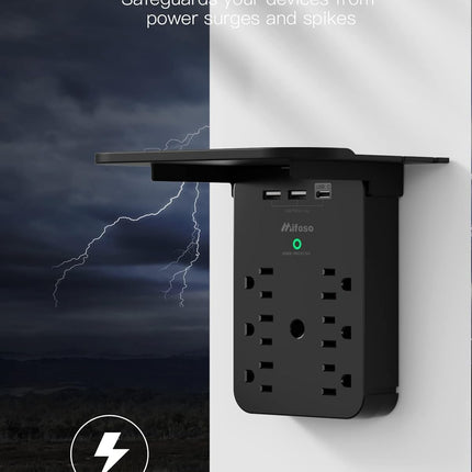 Wall Outlet Extender - Surge Protector 6 AC Outlets Multi Plug Outlet with Shelf, 2 USB and USB C Charging Ports Wall Plug Expander, USB Wall Charger Outlet Splitter for Home (Black)