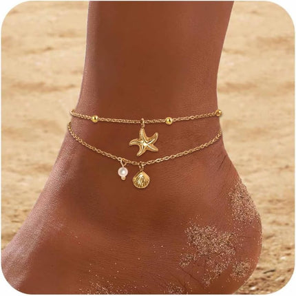 Gold Ankle Bracelets for Women, Waterproof Anklets Dainty Beach Anklet Adjustable Link Chain Cute Stainless Steel Anklets Summer Beach Shell Starfish Pearl Foot Jewelry Non Tarnish Lightweight