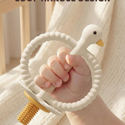 ChooKaChoo Baby Teether Toy and Training Toothbrush, Duck Silicone Teething Toys for Babies 3-12 Months, Double Ring Easy-Grip Design, Food-Grade BPA Free, Multi-Texture Relief for Gums & Molars