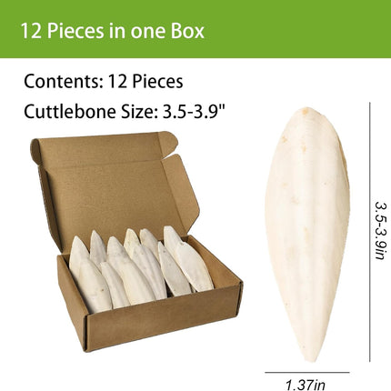 3.5"-4" Cuttlebone for Birds,Parakeets Cuddle Bone Beak Trimming,Premium Calcium Natural Cuttlefish Bone for Parrot,Cockatiel,Budgie,Tortoise, Snails,Reptiles,12 Pcs