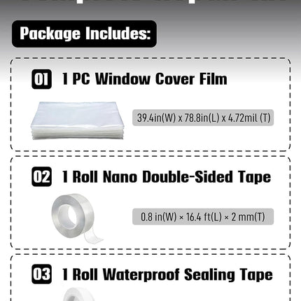 Temporary Car Window Cover for Broken Glass, 78.7x39.4 in Waterproof Plastic Film & Fix Tools for Broken Car Window Emergency Repairs, Auto Glass Temporary Replacement Kit with Double-Sided Tape