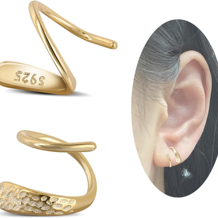 Tiny Double Hoop Earring S925 Sterling Silver Small Hammer Texture Hoop Hypoallergenic Twist Spiral Earrings for Women - Sliver & Gold