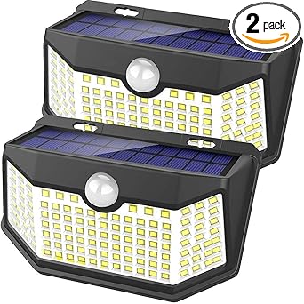 HMCITY 120 LED Solar Motion Sensor Outdoor Wall Lights 2 Pack front view