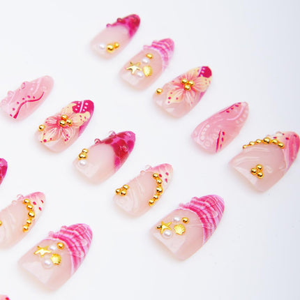 30Pcs Pink Flower Press on Nails Medium Almond French Tip Fake Nails 3D Flower with Gold Starfish Rhinestones Glitter Designs Spring Summer False Nails Cute Stick on Nails for Women Acrylic Manicure