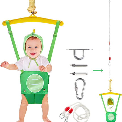 FUNLIO Baby Jumper with a Ceiling Hook for 6-24 Months, Baby Door Jumper for Indoor/Outdoor Play, Jumper Doorway with Adjustable Chain, Easy to Assemble & Store (with a Ceiling Hook) - Green Dinosaur