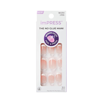 Kiss Impress No Glue Mani Press On Nails, Design, 'Chic French', Pink, Short Size, Squoval Shape, Includes 30 Nails, Prep Pad, Instructions Sheet, 1 Manicure Stick, 1 Mini File