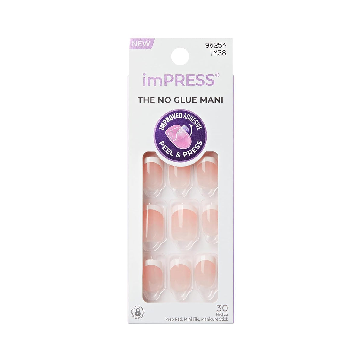 No Glue Mani Press On Nails, Design, 'Chic French', Pink, Short Size, Squoval Shape, Includes 30 Nails, Prep Pad