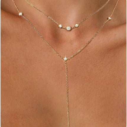 DALI Long Gold Necklaces for Women, Dainty Layered Lariat Sterling Silver Plated Y Shaped Necklace Stack Non Tarnish Cross CZ Pendant Long Chain Choker Adjustable Necklaces Jewelry for Vacation Christmas