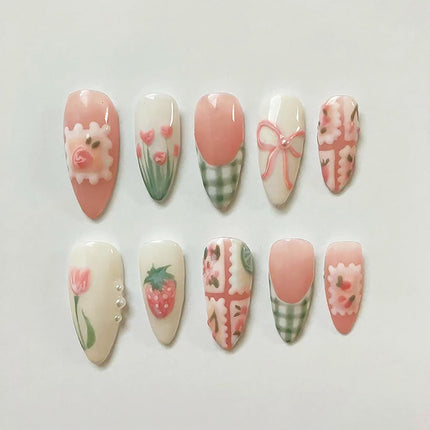 30Pcs Spring Press on Nails Medium Almond Fake Nails with Small Flower Strawberry Full Cover Cute Glue on Nails Green French Tip False Nails Bow Acrylic Nails Pink Artificial Stick on Nails for Women