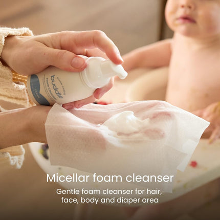 Buddle Clean Cheeks Baby Micellar No-Rinse Foam Cleanser with Chamomile, Witch Hazel, Arnica Montana, Skin Barrier Supporting, 3.4oz