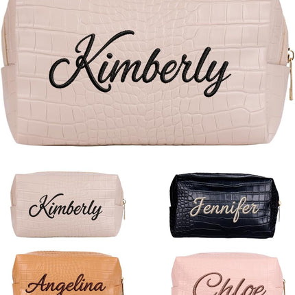 Personalized Makeup Bag for Women Girls, Crocodile Pattern Leather Cosmetic Bags Embroidered FREE NAME, Custom Small Travel Toiletry Organizer, Gifts for Birthday, Wedding, Mother's Day, Graduation