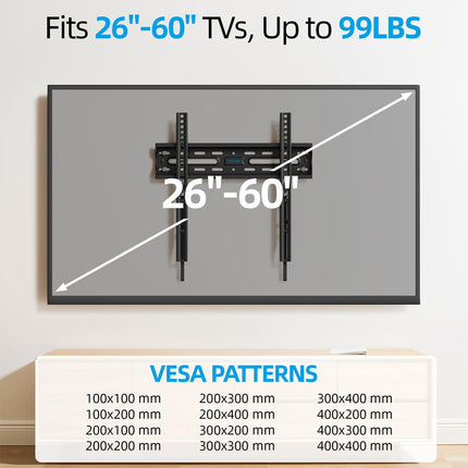 Fixed TV Wall Mount for Most 26-60 Inch Screen, Low Profile TV Mount with Quick Release Lock, Ultra Slim Wall Mount Bracket, Max VESA 400x400mm, Holds up to 99 lbs, up to 16”Wood Studs by USX STAR
