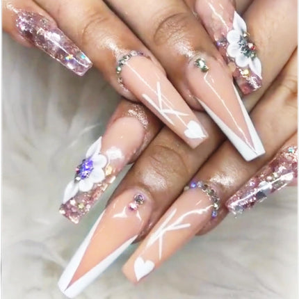 Set 8Pcs 3D Flowers Nails Charms With Rhinestone Gems Handmade by Acrylic Powder Design For Long Nail L,XL,XXL Flower Nail Art Floral Salon Decor Women Girls (White 7 Rhinestones-8PCs)