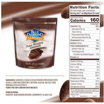 Blue Diamond Almonds, Oven Roasted Dark Chocolate Flavored Snack Nuts, Plant-Based Protein and Fiber, Perfect for Events, Holidays, Parties, and Lunch, Guilt-Free Snacking with Real Cocoa, 25 Oz Resealable Bag (Pack of 1)